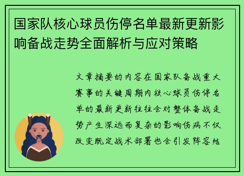 国家队核心球员伤停名单最新更新影响备战走势全面解析与应对策略