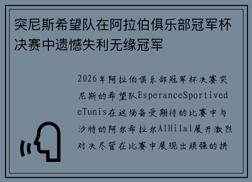 突尼斯希望队在阿拉伯俱乐部冠军杯决赛中遗憾失利无缘冠军